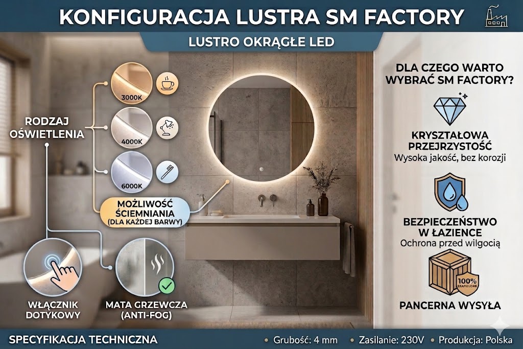 Konfiguracja lustra LED SM Factory: barwy światła 3000K-6000K, funkcja ściemniania i mata grzewcza